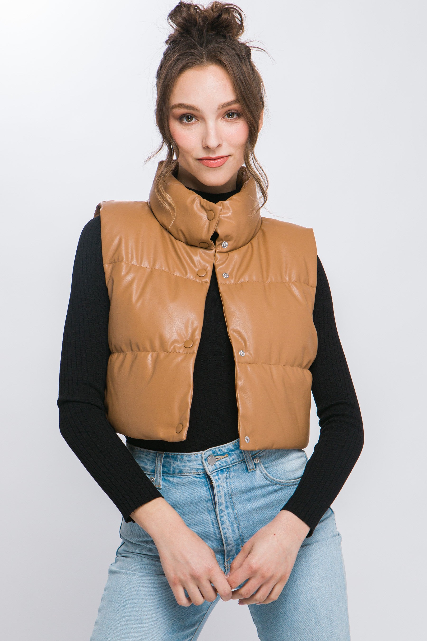 Faux Leather Puffer Vest With Snap Button - S - SLATE Boutique